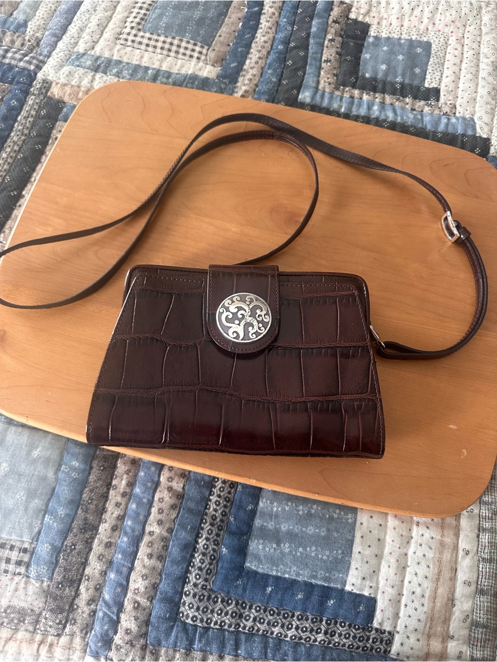 Brighton Dark Brown Croc-Embossed Crossbody with Silver Medallion